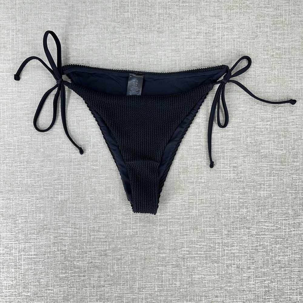 TOPSHOP Swim Bikini Bottom Womens Size 6 Black Ribbed Side Ties Hi Cut‎ Beach